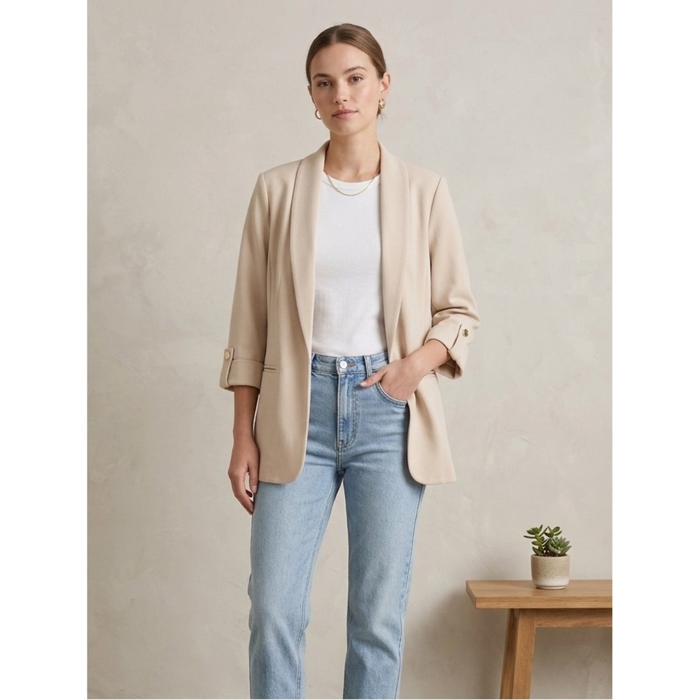Anne Klein Beige Oversized Boyfriend 3/4 Cuffed Sleeve Blazer Size S Clean Girl